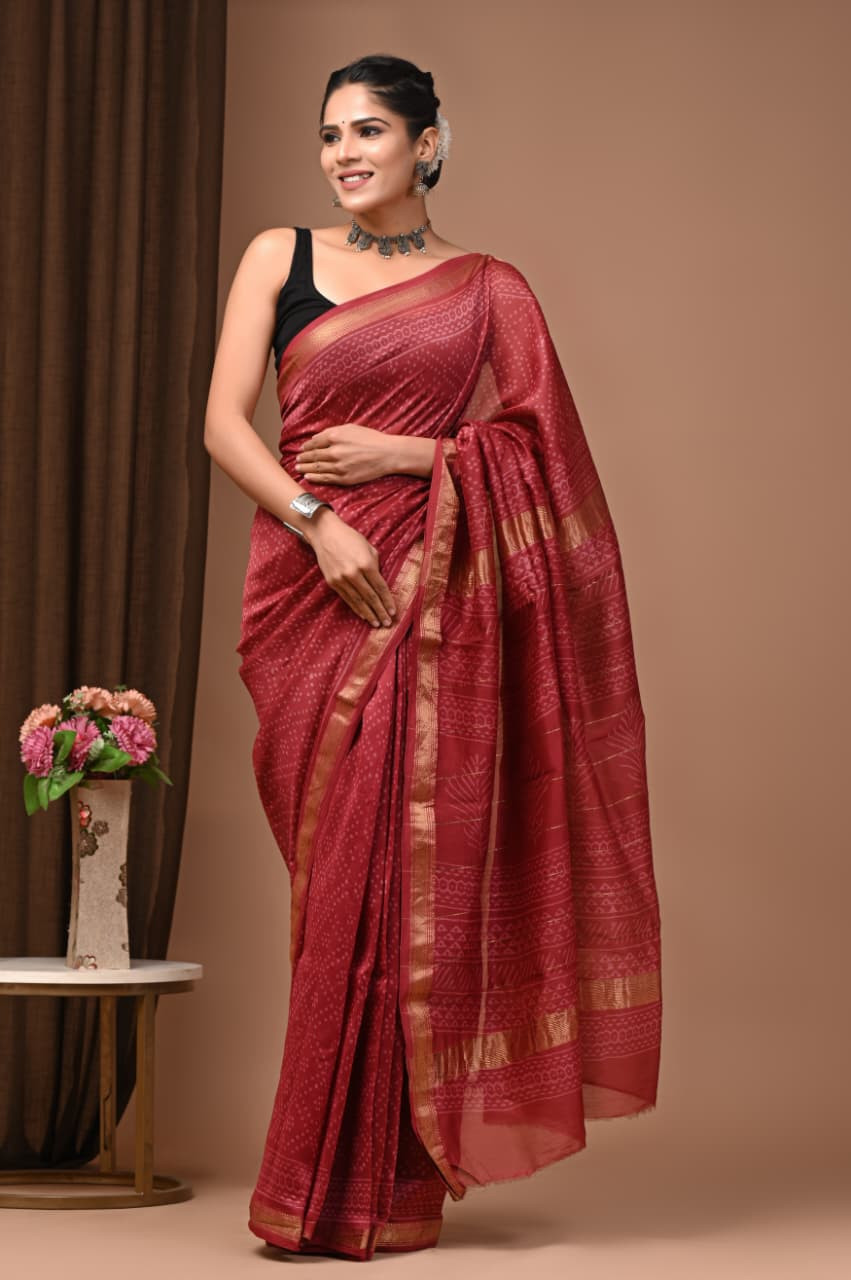 Red Maheshwari Silk Hand-Block Print Saree