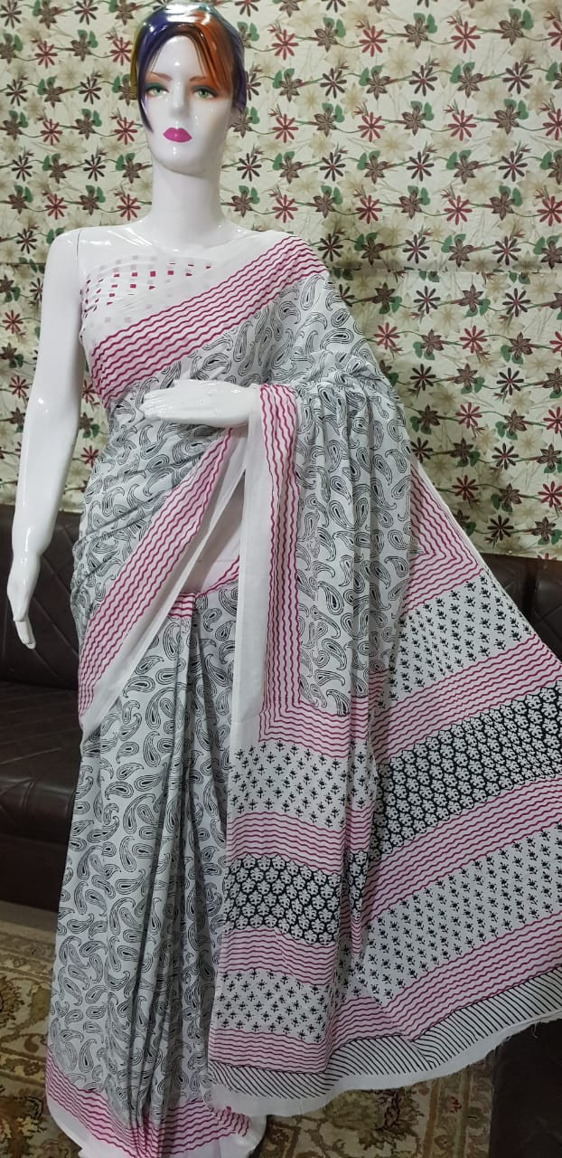 Fresh White Cotton Saree with Traditional Black Paisley Prints and Magenta Wavy Borders.