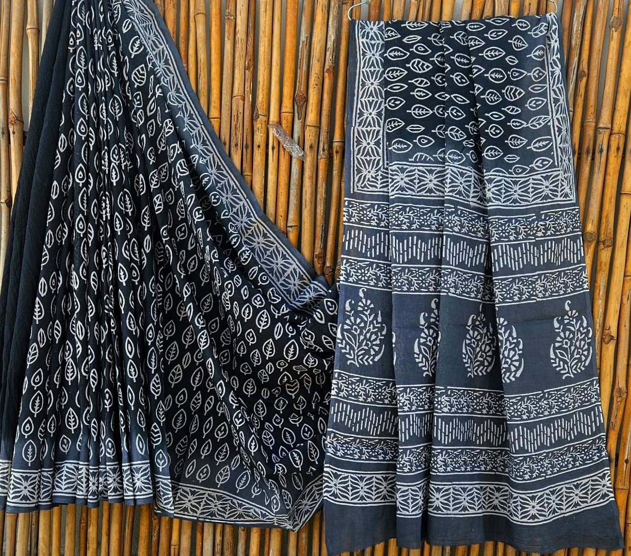 Black & White Hand-Block Printed Mulmul Cotton Saree with Blouse (6.5 Meters, 92*80, 100% Pure Cotton Fabric)