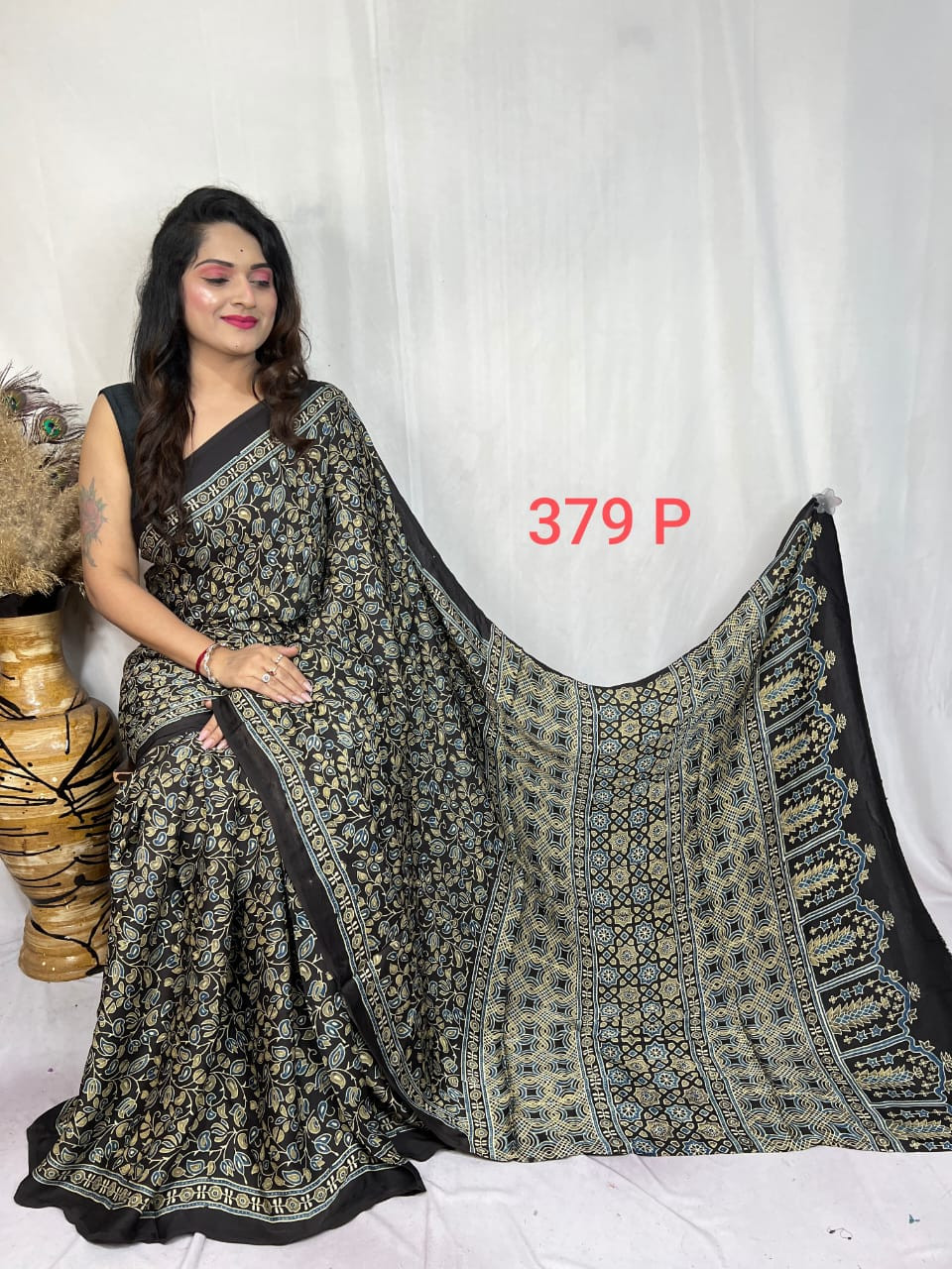 Black & Gold Ajrakh Hand Block Print Modal Silk Saree.