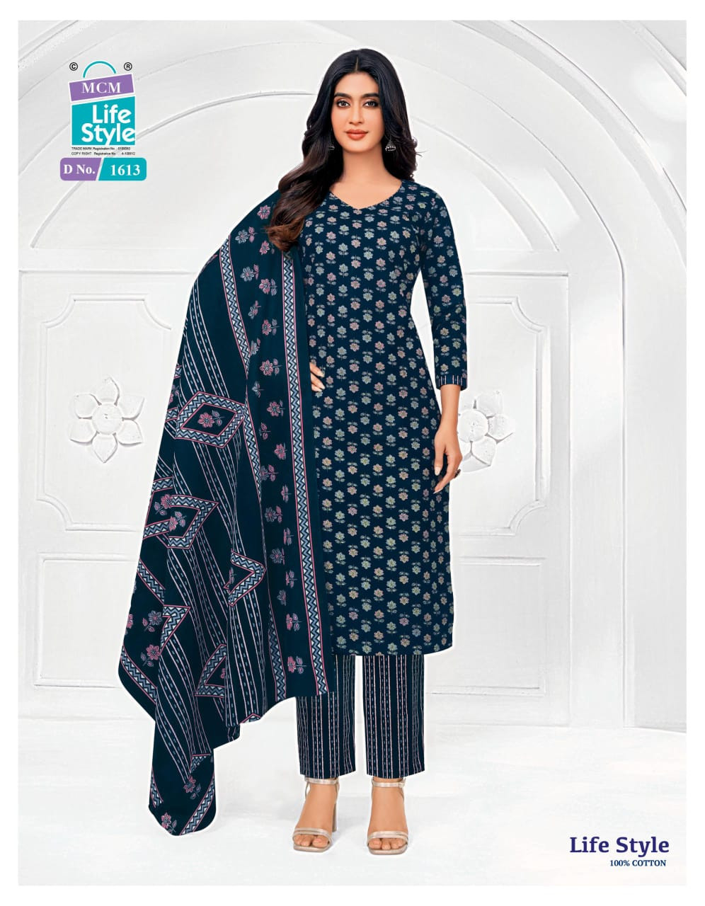 Elegant Navy Blue Cotton Printed Suit Set