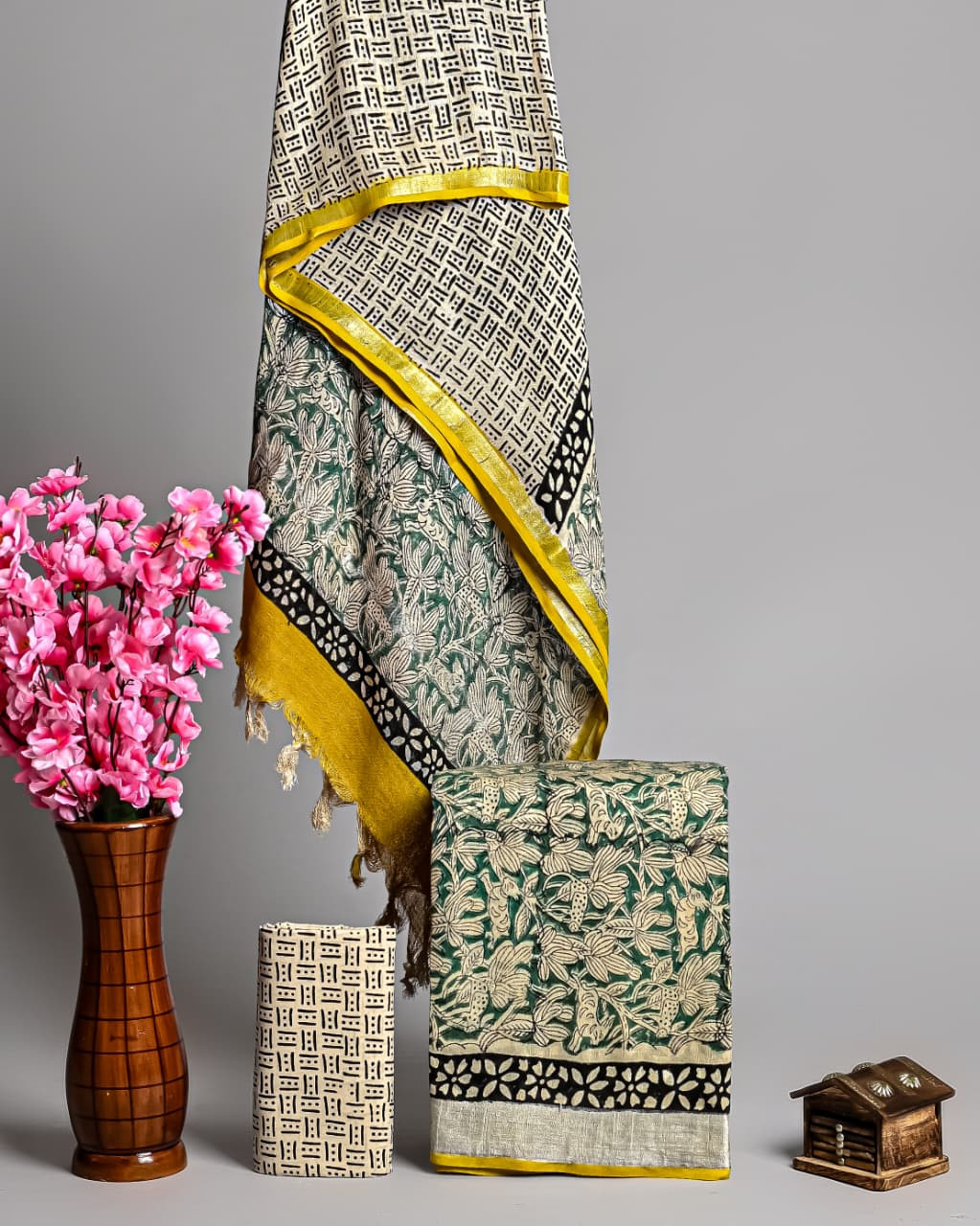 Cream And Black Hand Block Printed Linen Cotton Suit  with golden border