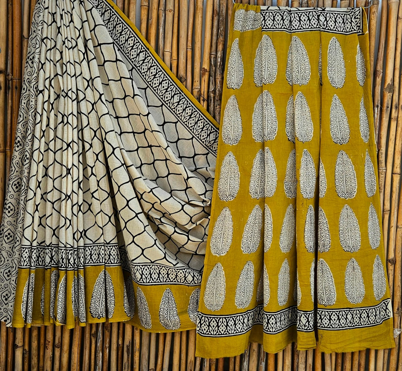 Mustard Yellow & Black Kalamkari Hand-Block Printed Mulmul Cotton Saree with Blouse (6.5 Meters, 92*80, 100% Pure Cotton Fabric)