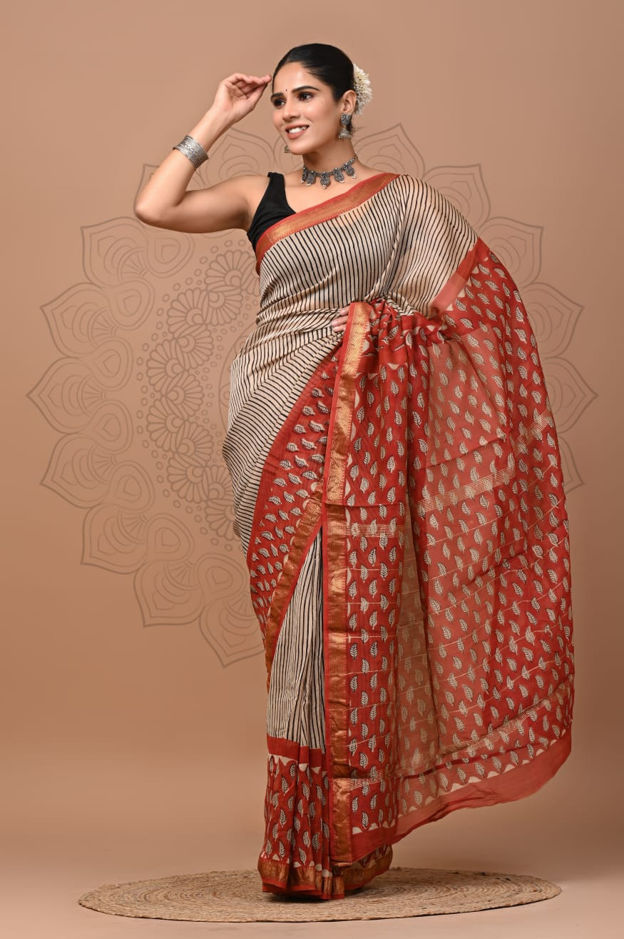 Cream and Black Striped Maheshwari Silk Saree with a Red Border and Hand Block Print.