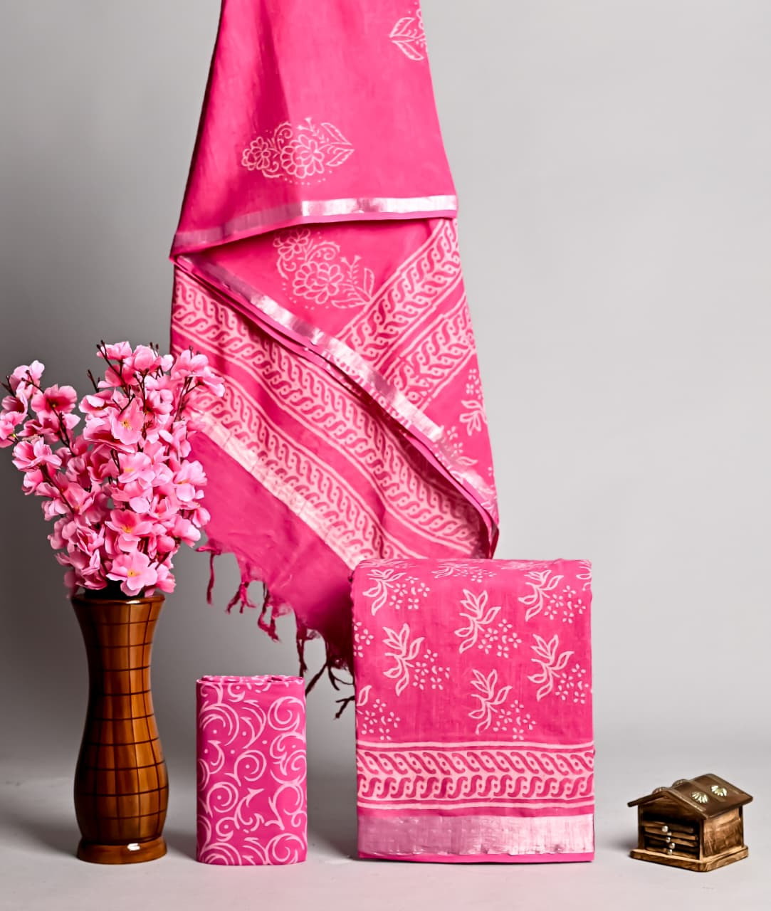Hot Pink Hand Block Printed Cotton Unstitched Suit Set