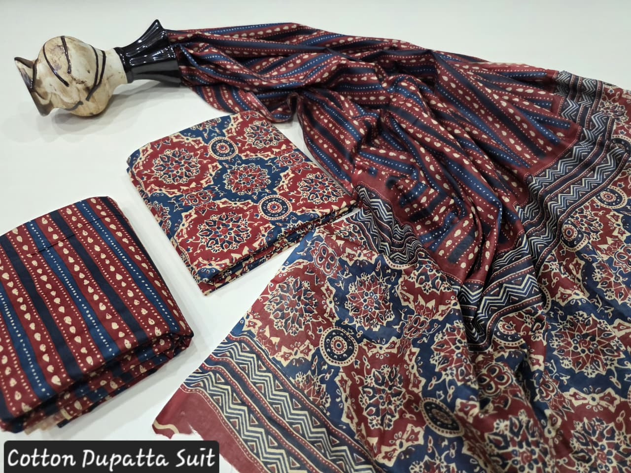 Navy Blue and Maroon Hand Block Printed Cotton Dupatta Suit.
