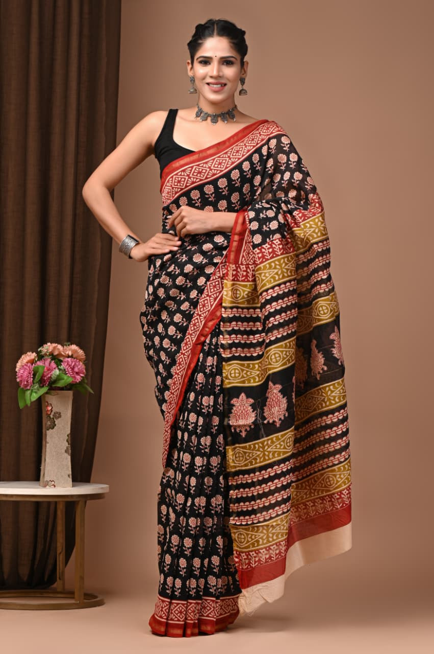 imeless Paisley: Hand-Block Printed Maheshwari Cotton-Silk Saree in Beige & Black