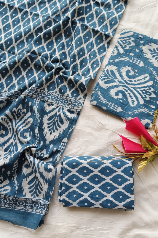 Blue and White Ikat Print Pure Cotton unstitched suit Material for Women 2.5 Mtr top and 2.5 Mtr Bottom and 2.5 Mtr Dupatta