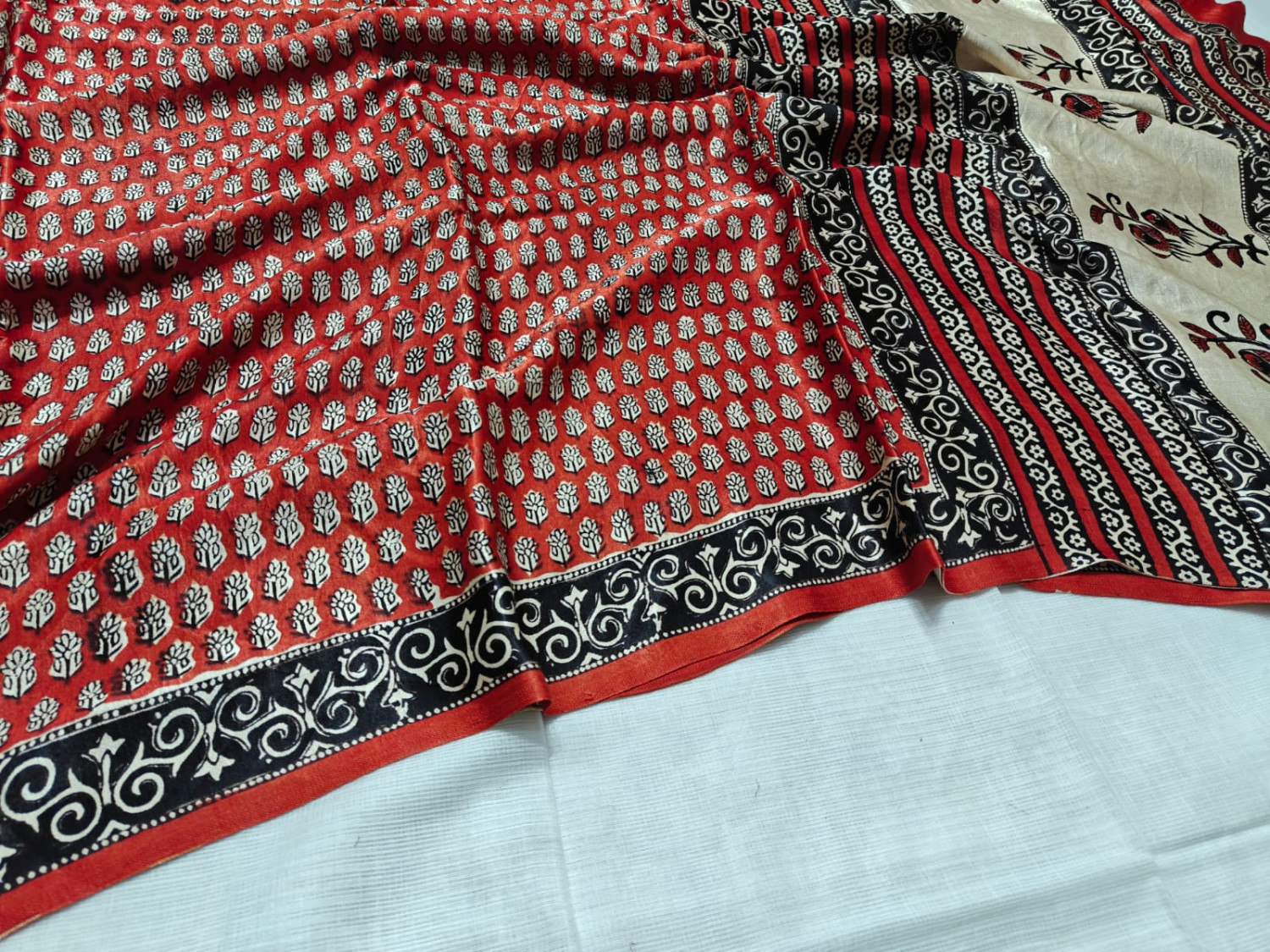 Red with silver flower  hand block print  ajrk vanaspati   pure modal silk saree with printed blouse