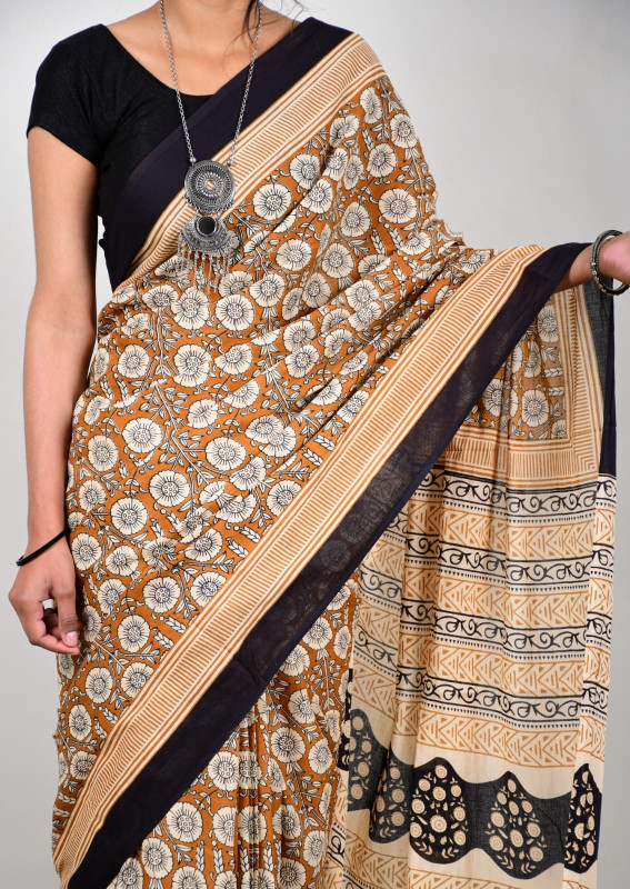 Mustard Yellow and Black Floral Cotton Mulmul Saree