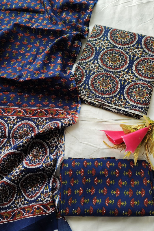 Classic Dark Blue and Red Hand Printed Cotton unstitched suit Material for Women 2.5 Mtr top and 2.5 Mtr Bottom and 2.5 Mtr Dupatta