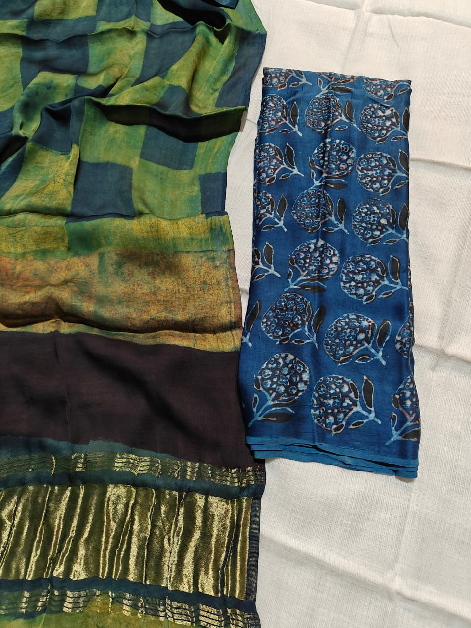 Green and Blue Hand Block Printed Modal Silk Suit Set