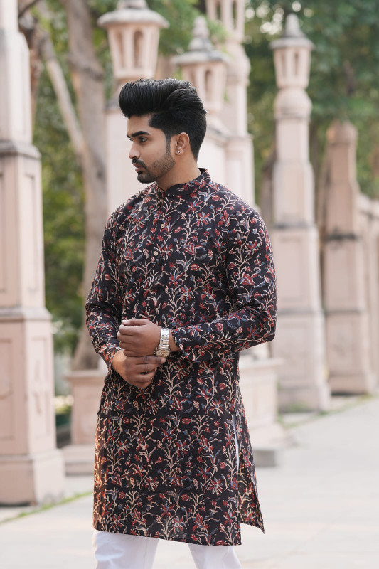 Black Base Red Floral Printed Kurta
