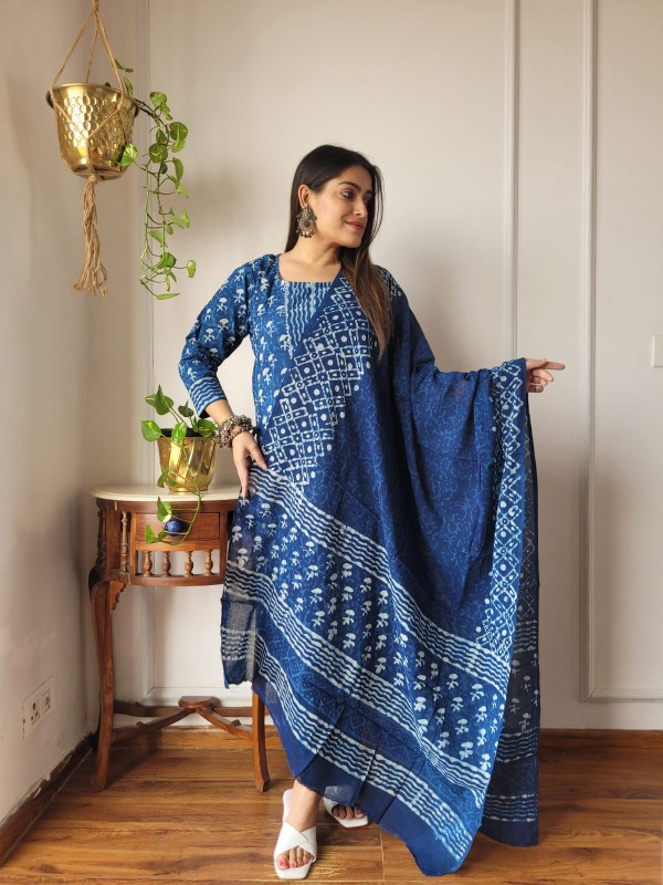 navy blue hand block printed cotton kurta, pants, and dupatta suit set