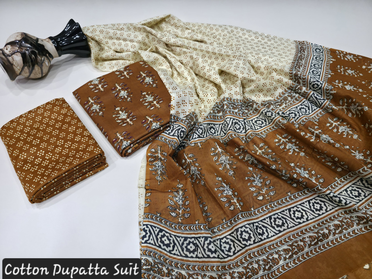Brown and White Hand Block Printed Cotton Dupatta Suit.